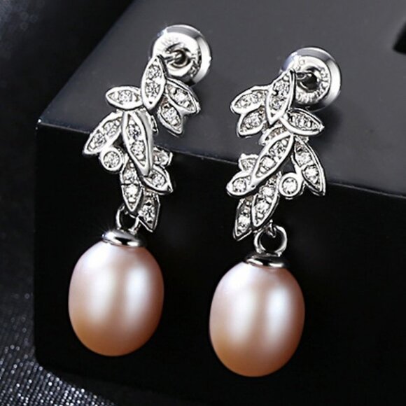 Leaf Design Sterling Silver Zircon Pearl Earrings - Picture 1 of 3